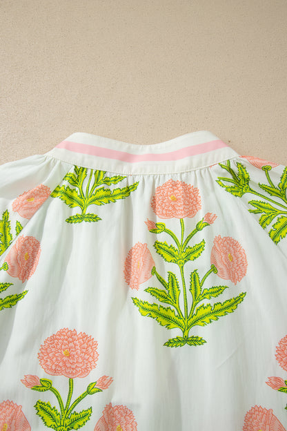 Floral Print Striped Trim V Neck Blouse