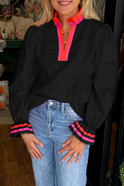 Black Striped Trim Ruffle Split Neck Long Sleeve Blouse
