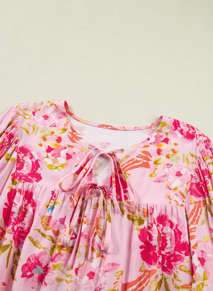 Plus Size Floral Print V Neck Tie Front Short Sleeve Tunic Top