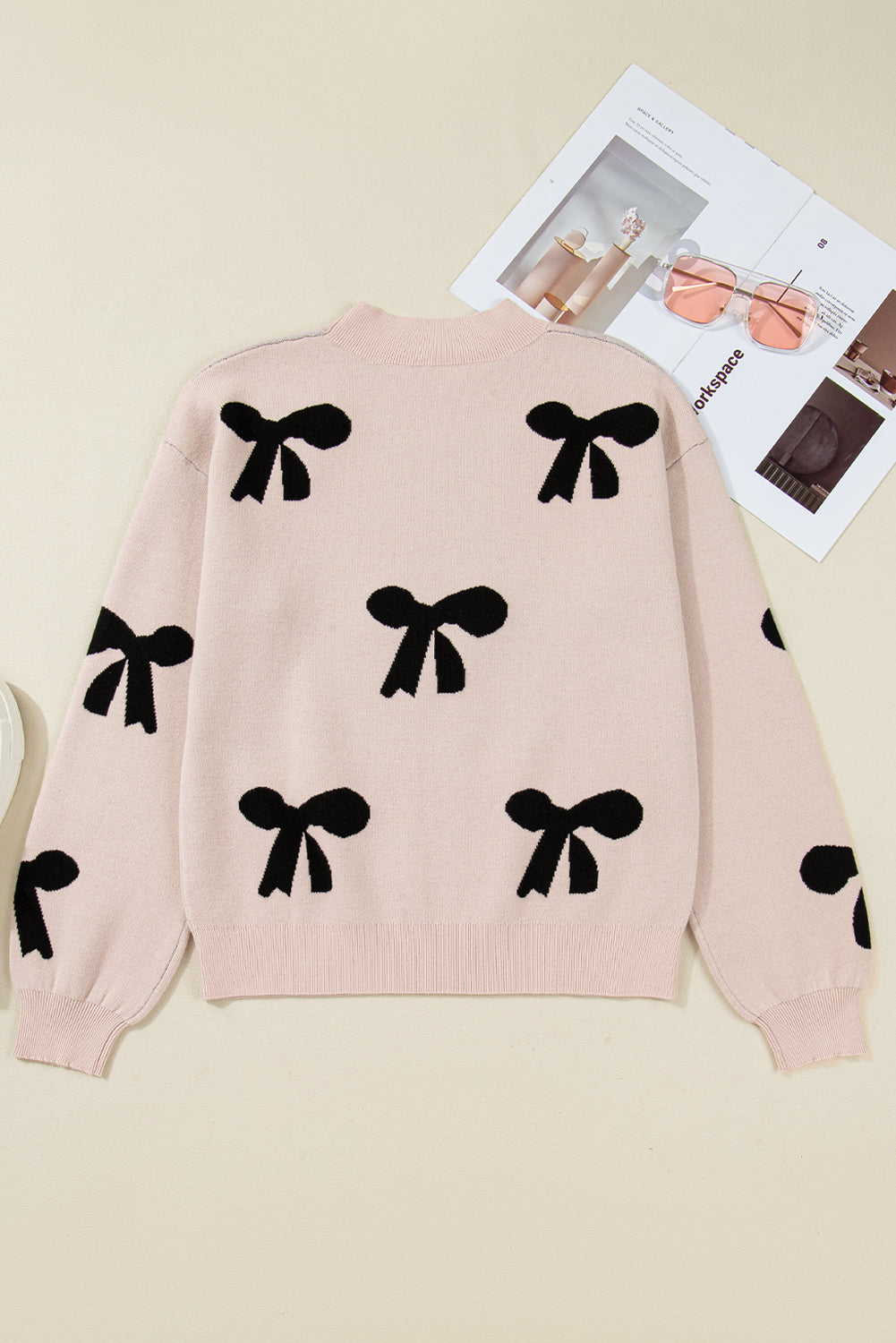 Pearl Embellished Bow Pattern Loose Sweater