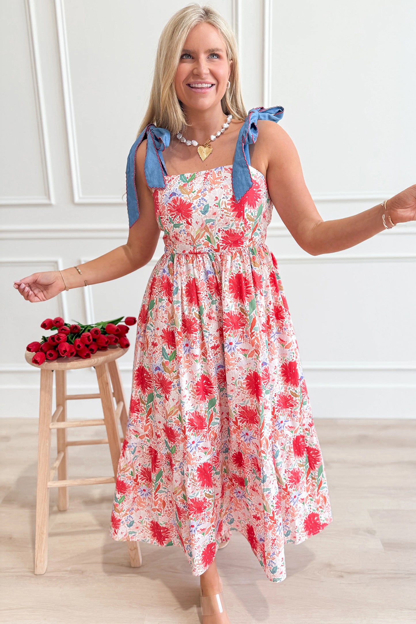 Floral Print Contrast Stitched Knot Denim Straps High Waist Dress