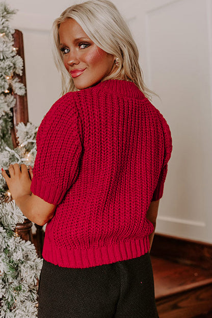 Plaid Lace-up Detail Christmas Holiday Puff Short Sleeve Sweater