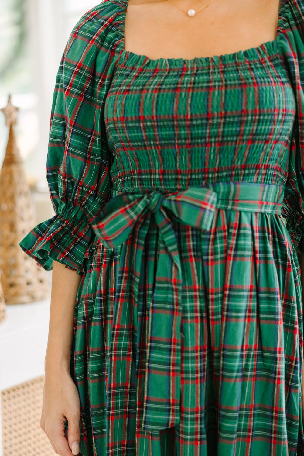 Plaid Square Neck Puff Sleeve Bowknot Waist Flared Midi Dress