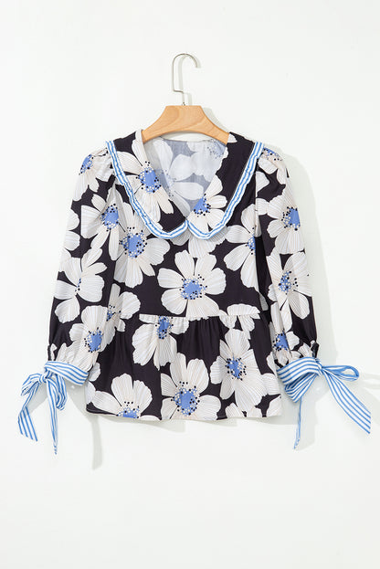 Floral Print Striped Tie Sleeve Collared V Neck Blouse