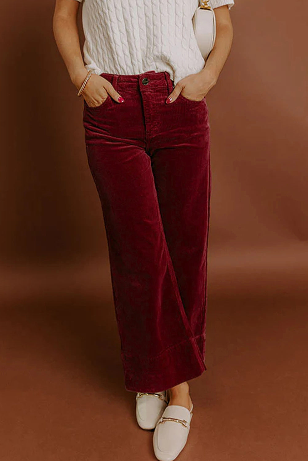 Corduroy Solid Color High Waist Wide Leg Pants