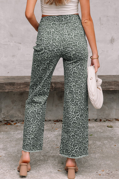 Leopard Frayed Edge Wide Leg High Waist Jeans