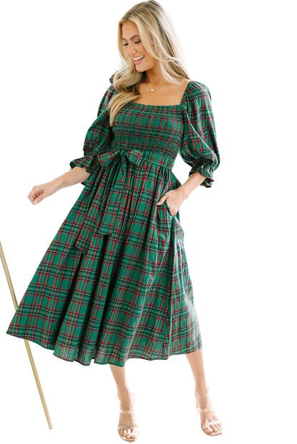Plaid Square Neck Puff Sleeve Bowknot Waist Flared Midi Dress