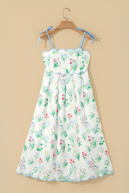 Floral Print Contrast Trim Self-tie Straps High Waist Midi Dress