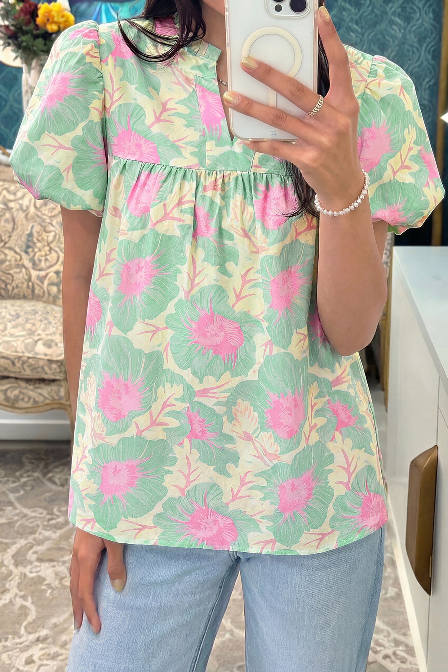 Short Bubble Sleeve Summer Floral Blouse