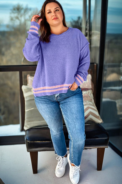 Wisteria Plus Size Striped Trim Drop Shoulder Knit Loose Sweater