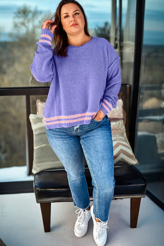Wisteria Plus Size Striped Trim Drop Shoulder Knit Loose Sweater