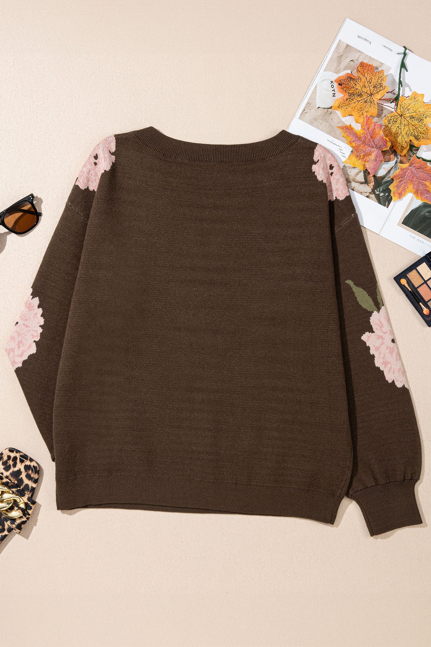 Dark Brown Floral Print Drop Shoulder Relaxed Pullover Sweater