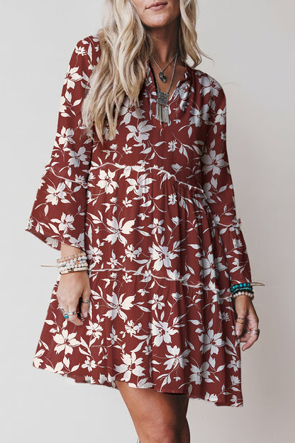 Blue Boho Floral Print Lettuce Trim 3/4 Sleeve Mini Dress