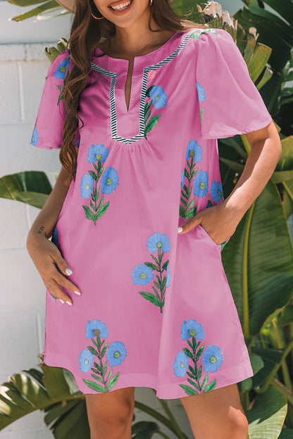 Floral Short Sleeve Split Neck Loose Mini Dress