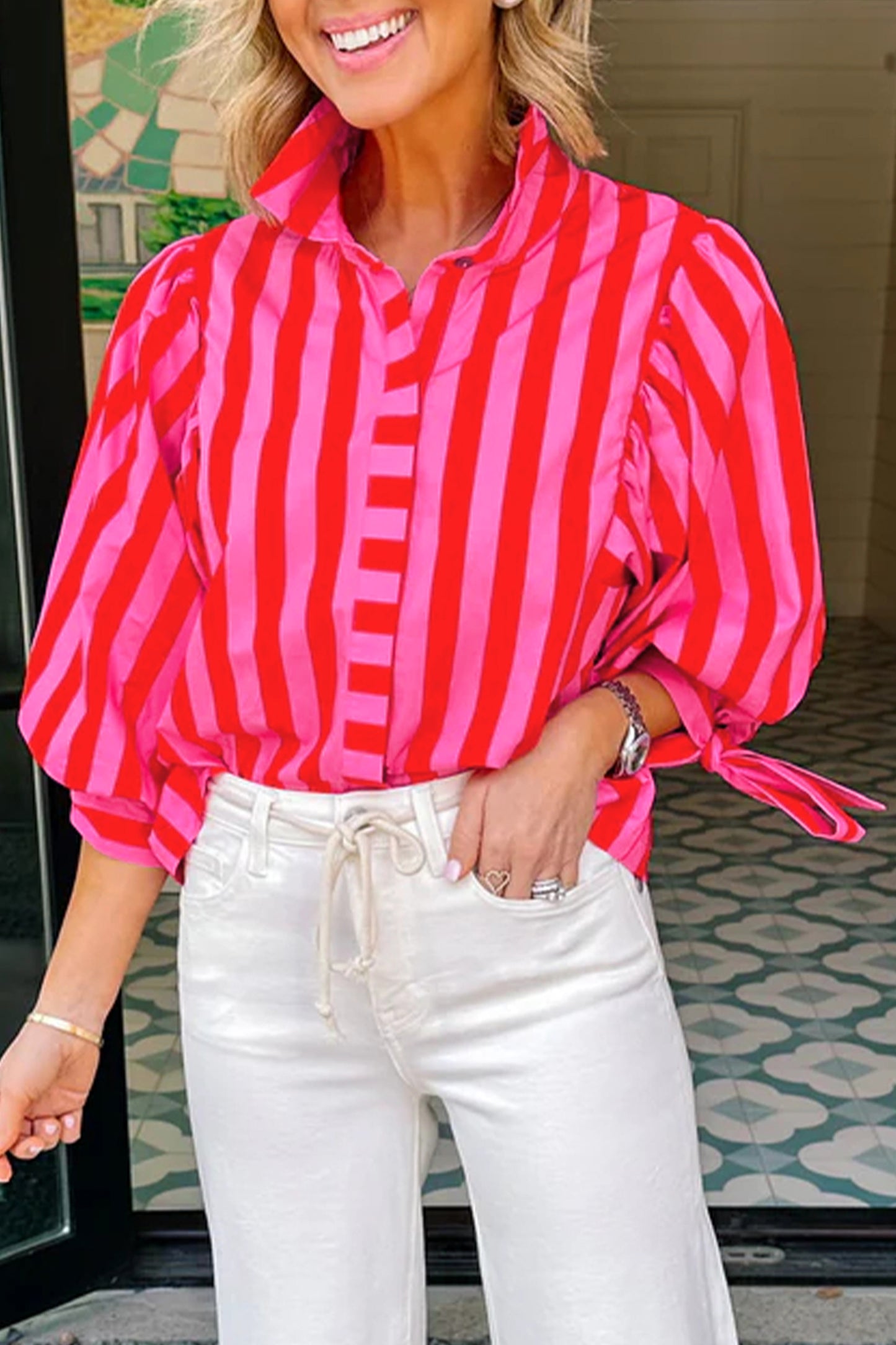 Stripe Tie Puff Sleeve Womens Button Down Shirt