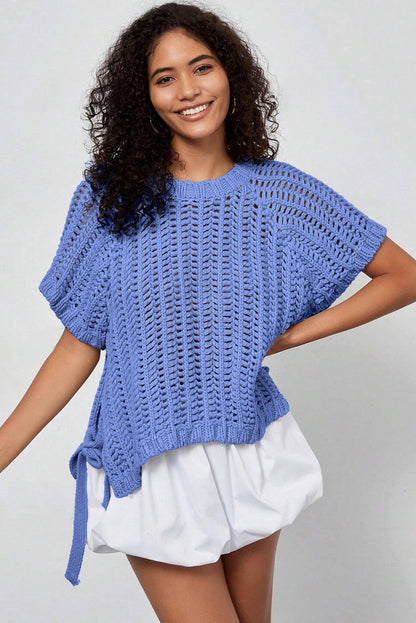 Open Knit Bow Tie Short Sleeve Sweater