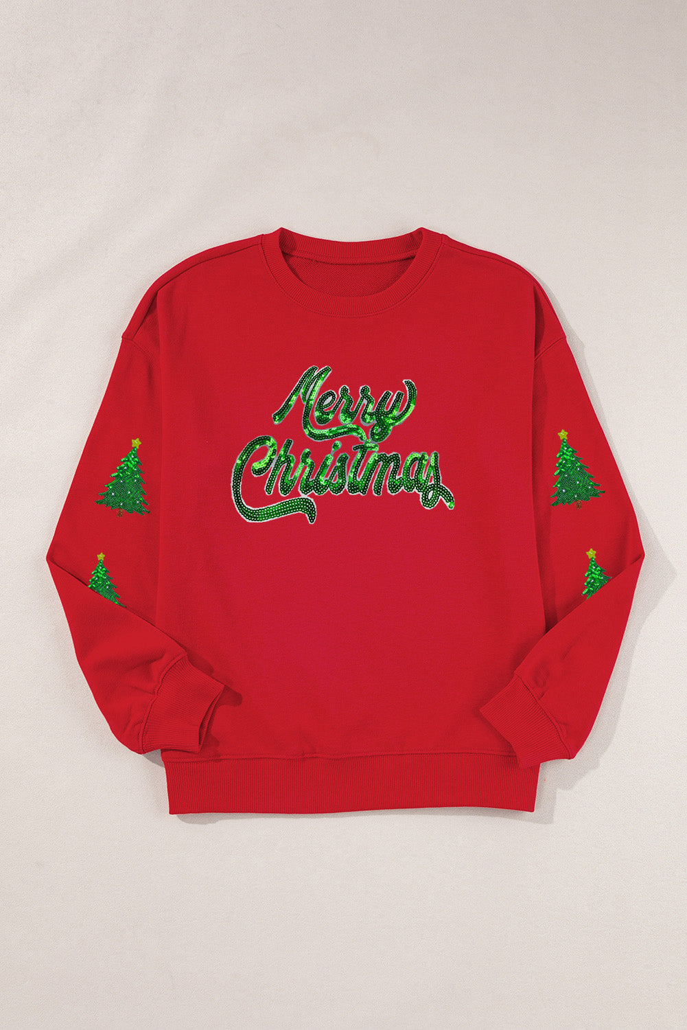 Red Shimmering Merry Christmas Tree Patched Pattern Festive Sweatshirt