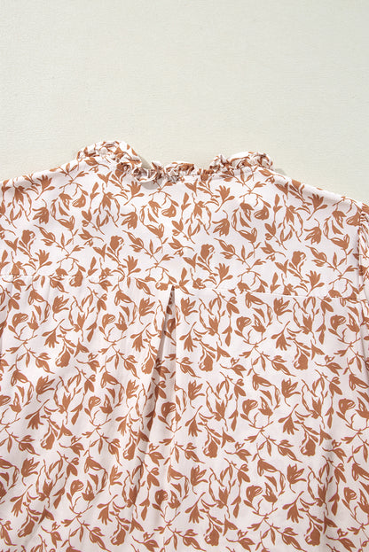 Khaki Printed Floral Print Lace Detail Puff Sleeve Shirt