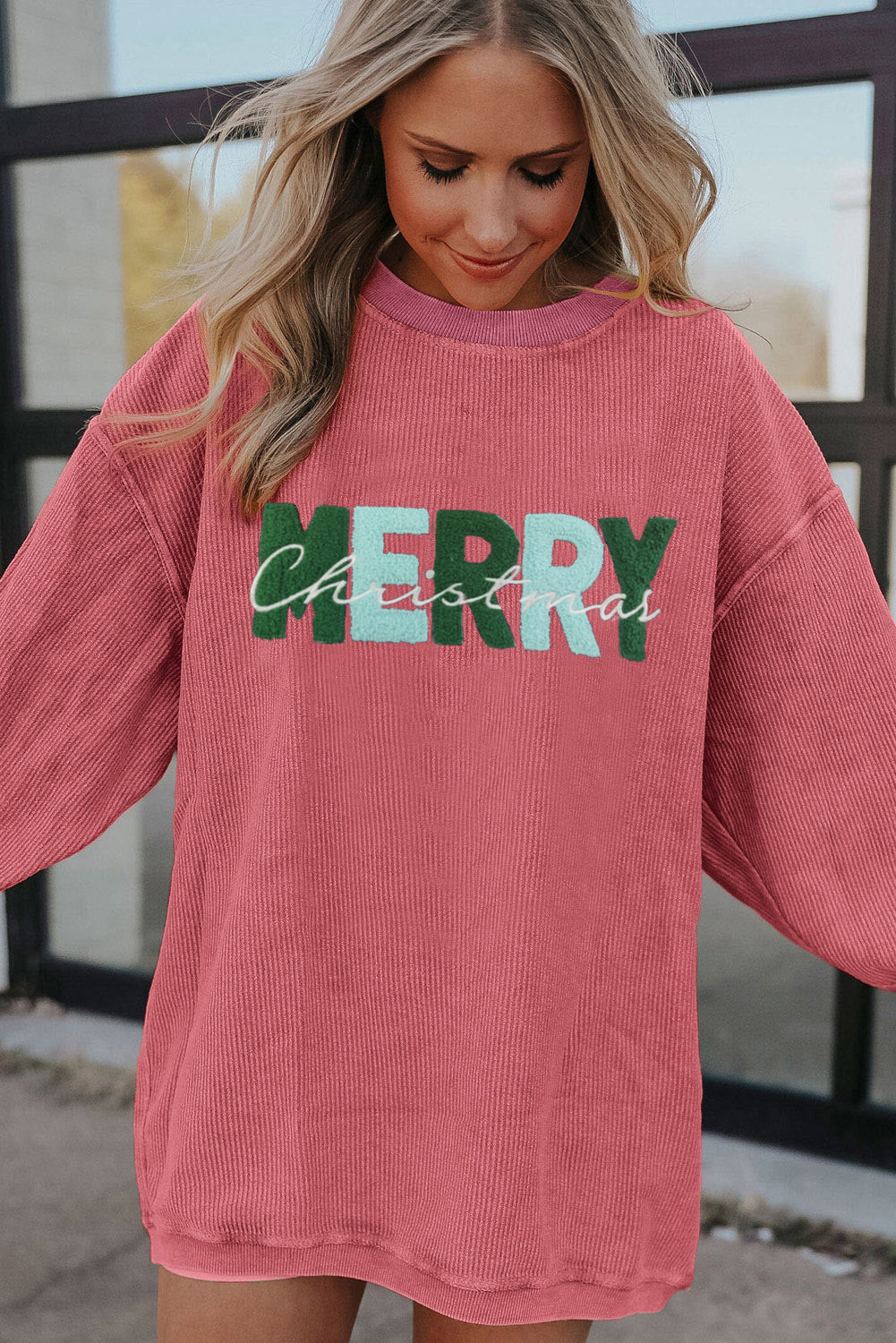 MERRY Christmas Terry Flocking Corded Graphic Sweatshirt