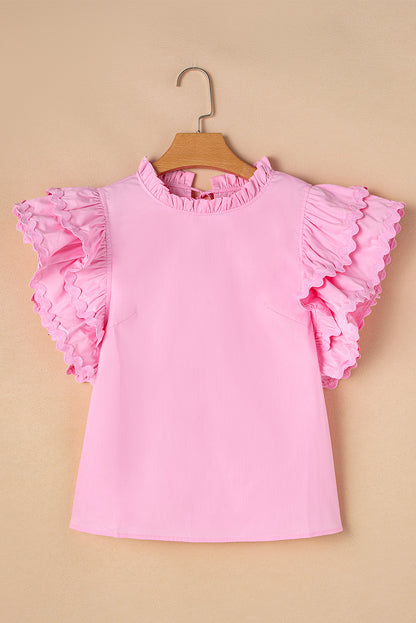Bonbon Ricrac Applique Ruffle Sleeve Frill Neck Blouse