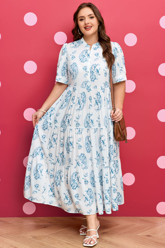 Sky Blue Plus Size Floral Print Button Split Neck Short Sleeve Maxi Dress