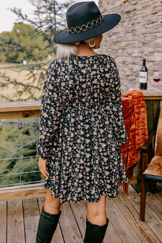 Floral Smocked V Neck Bubble Sleeve Babydoll Dress