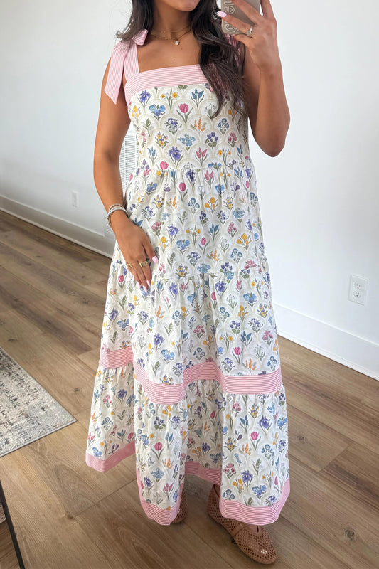 Multicolor Floral Print Striped Detail Knot Straps Maxi Dress