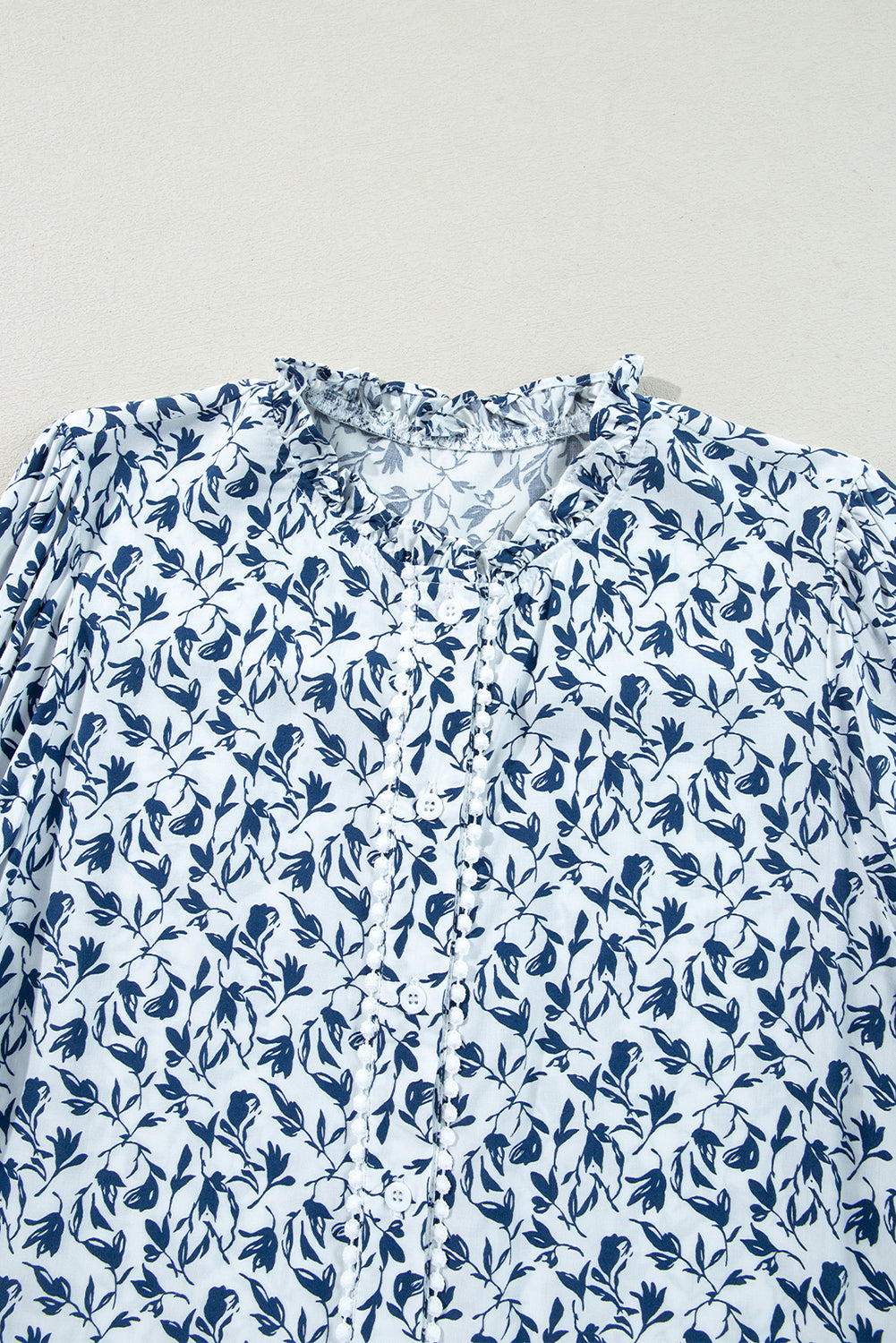 Blue Floral Print Lace Detail Puff Sleeve Fall Shirt