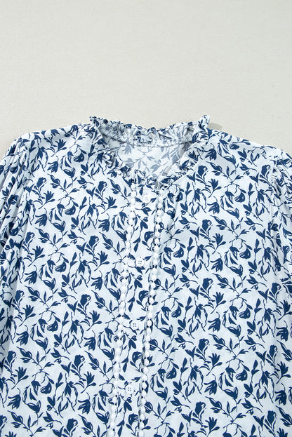 Blue Floral Print Lace Detail Puff Sleeve Fall Shirt