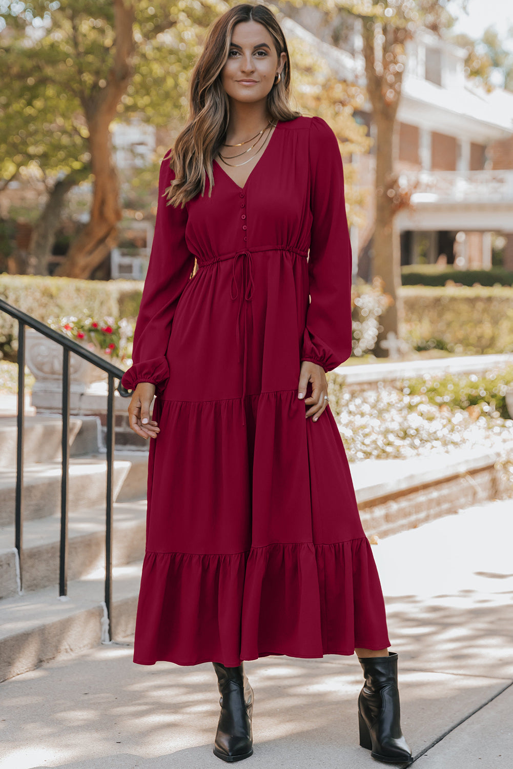 Solid Long Sleeve Button V Neck Tiered Maxi Dress
