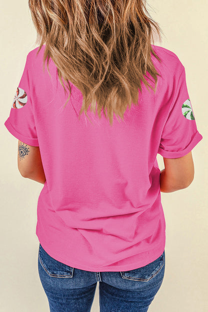 Pink Peppermint Candy Pattern Sequins Patch Christmas T Shirt