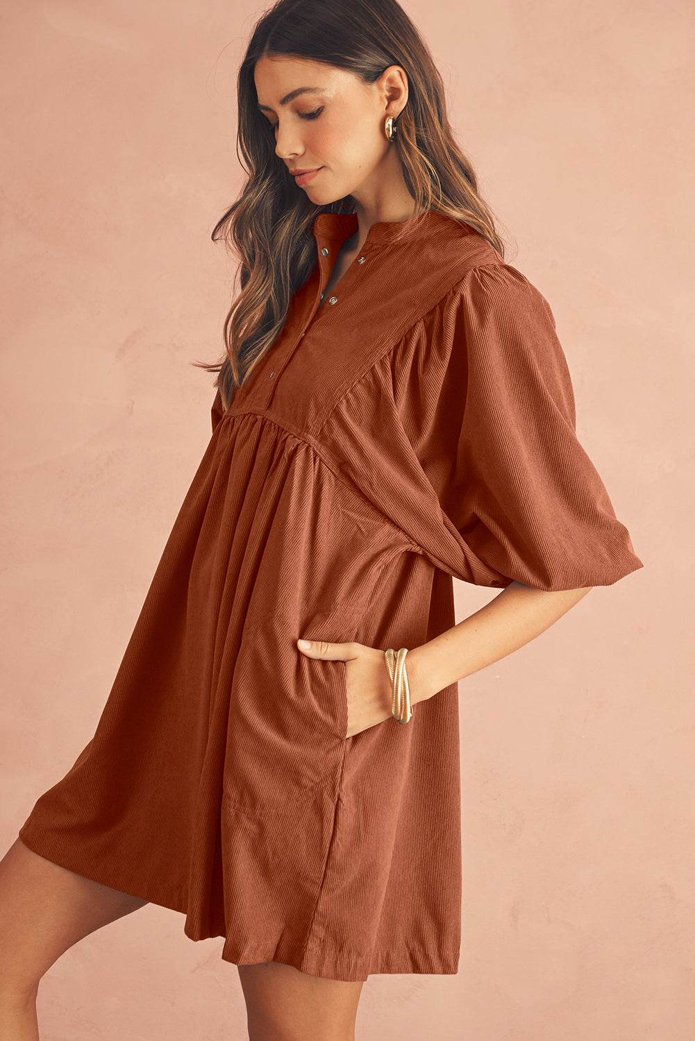 Light Snap Button Empire Waist Lantern Sleeve Corduroy Dress