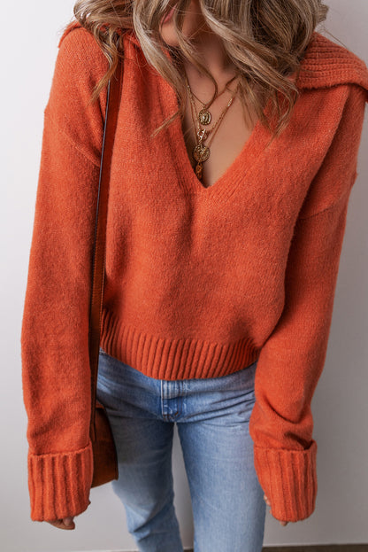 Flamingo Ribbed Edge Collared V Neck Loose Fit Sweater