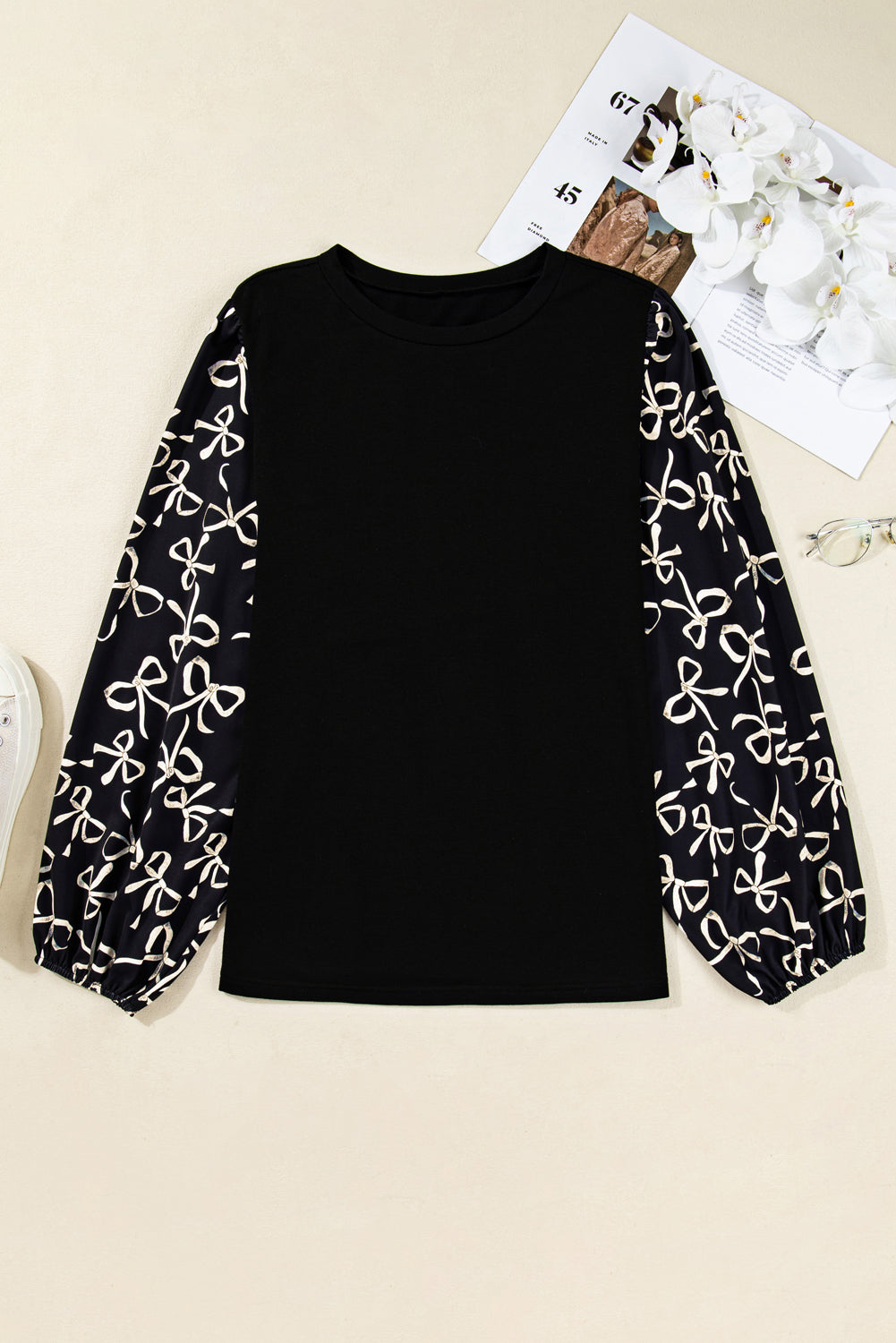 Black Bow Print Sleeve Patchwork Plus Size Blouse