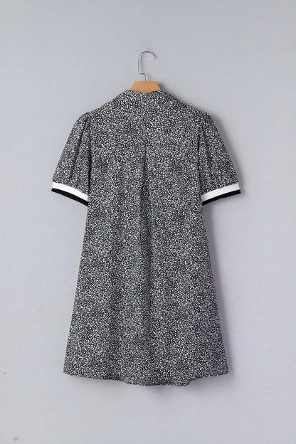 Black Leopard Print Contrast Striped Trim Polo Collar Short Sleeve Dress with Pockets