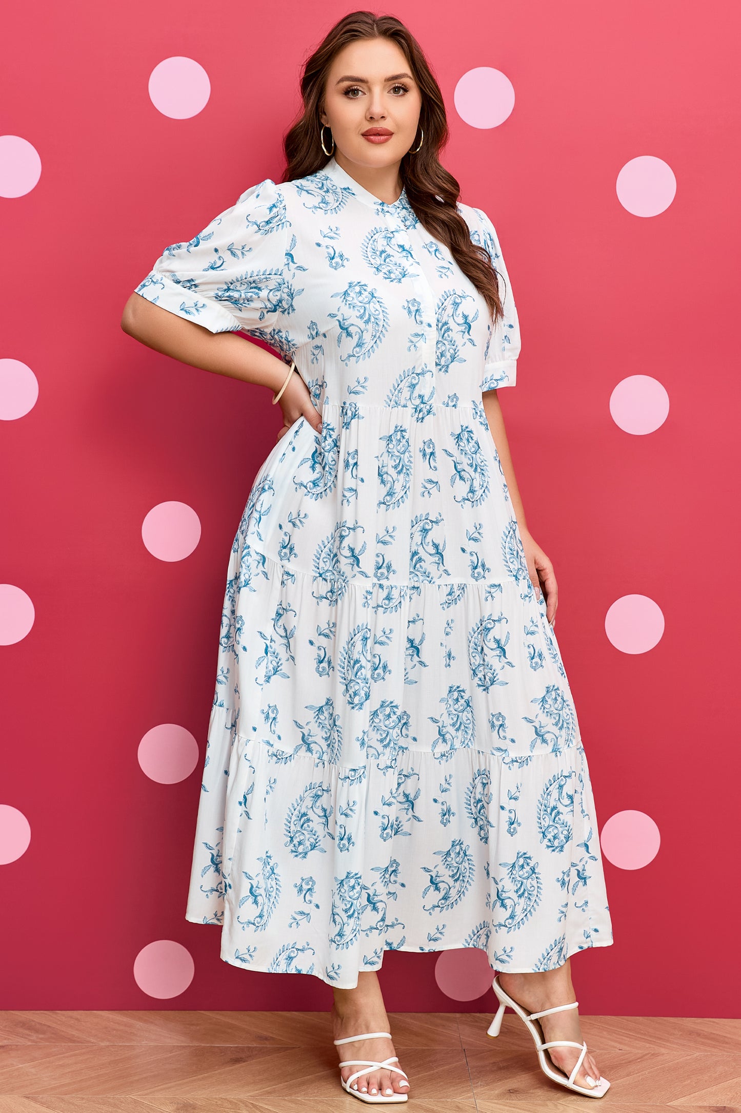 Sky Blue Plus Size Floral Print Button Split Neck Short Sleeve Maxi Dress