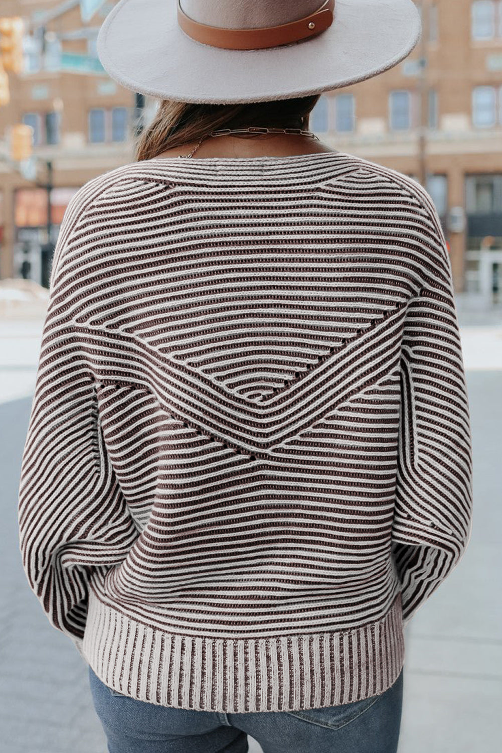 Striped Print Ribbed Knit Raglan Sleeve Baggy Sweater