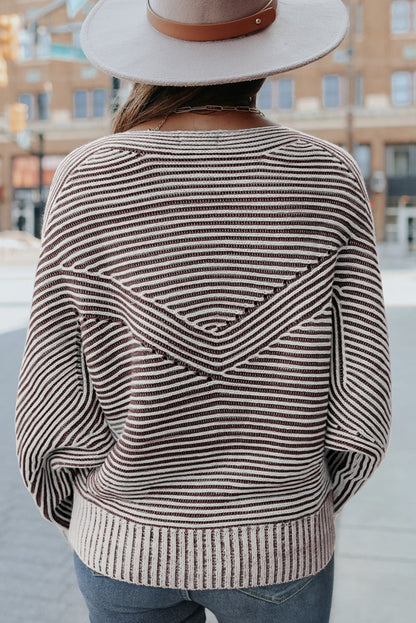 Striped Print Ribbed Knit Raglan Sleeve Baggy Sweater
