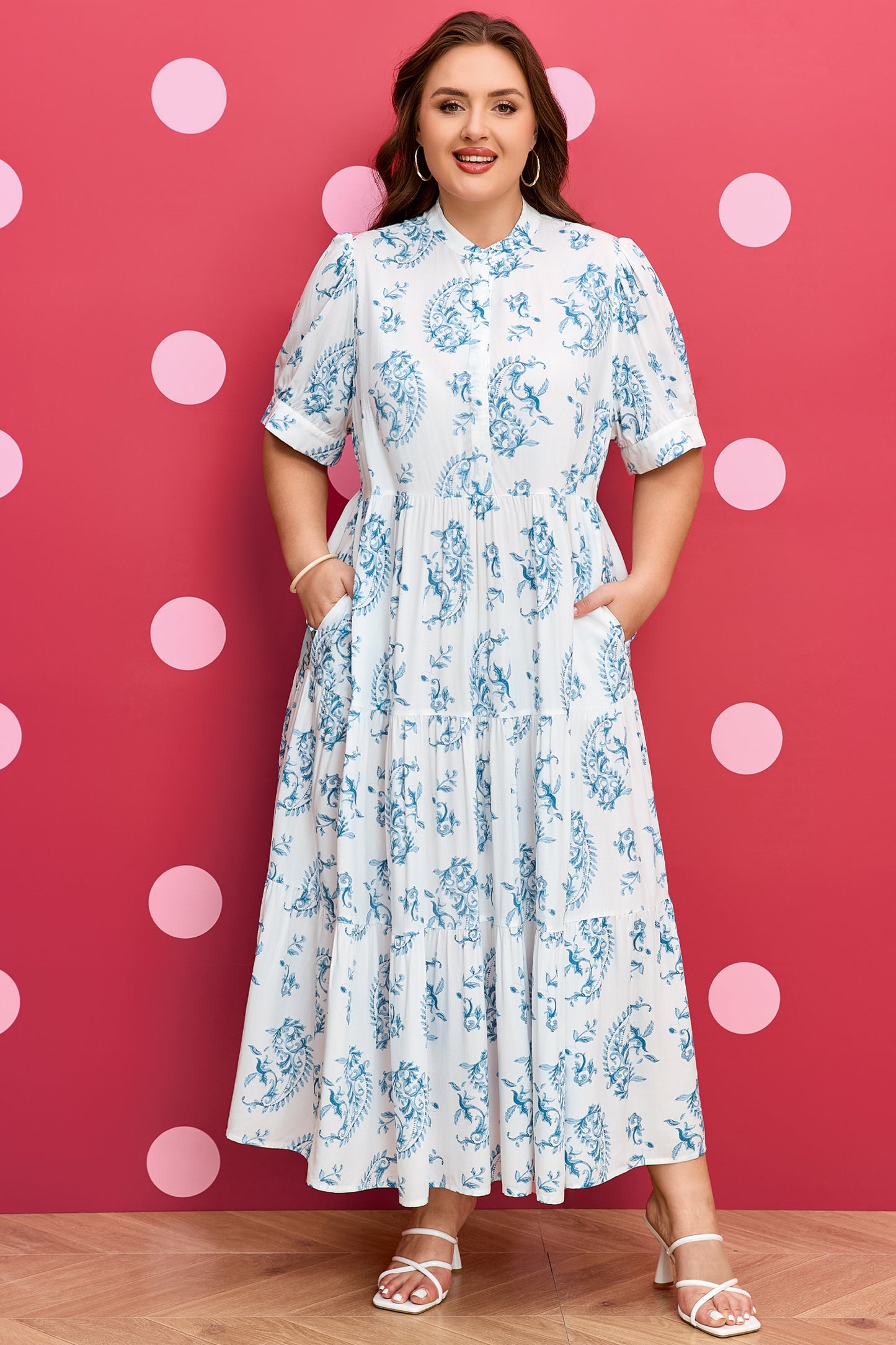 Sky Blue Plus Size Floral Print Button Split Neck Short Sleeve Maxi Dress