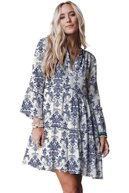 Sky Blue Boho Floral Print Lettuce Trim 3/4 Sleeve Mini Dress