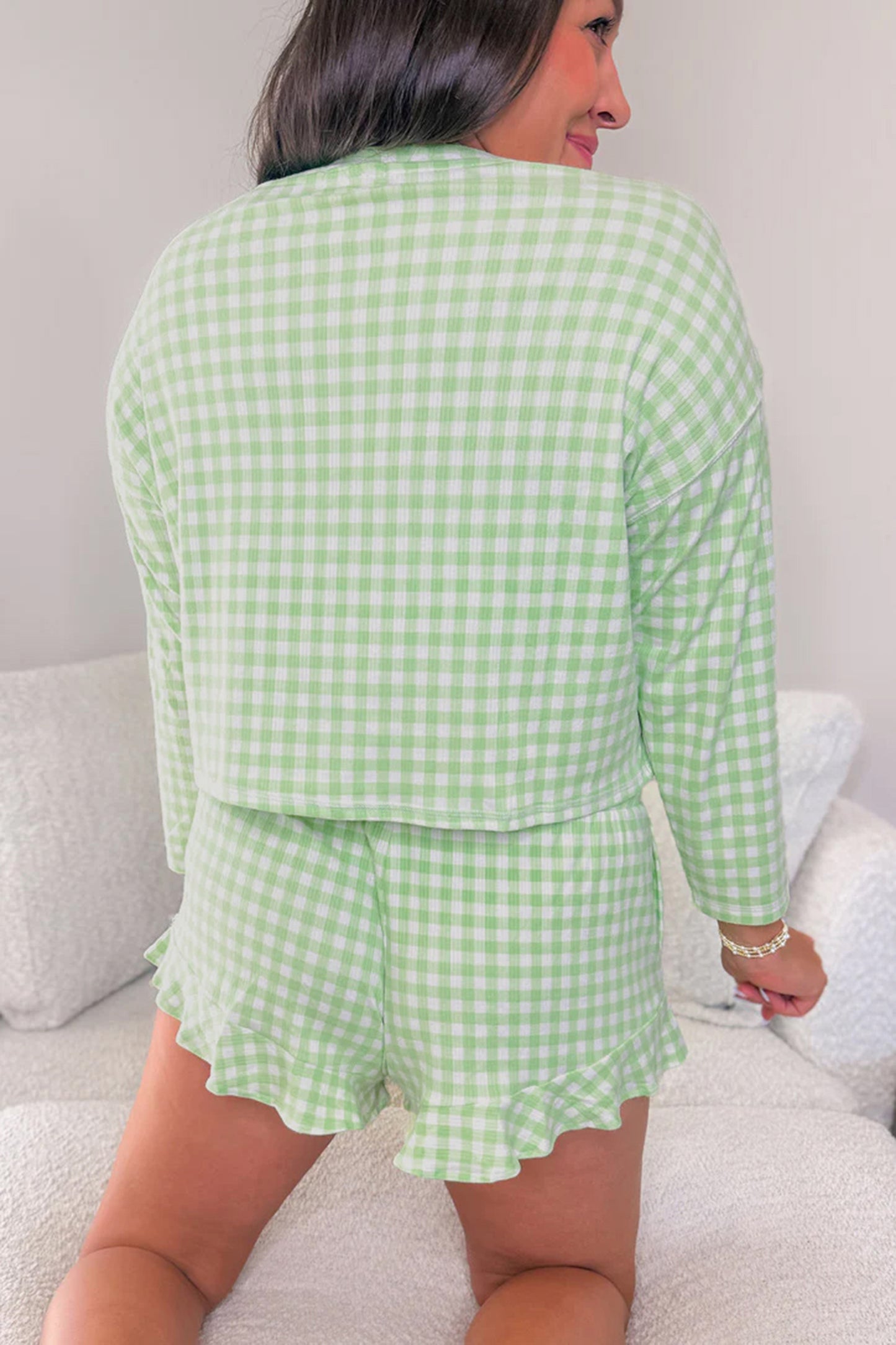 Gingham Long Sleeve Loose Top Drawstring Shorts 2pcs Lounge Set