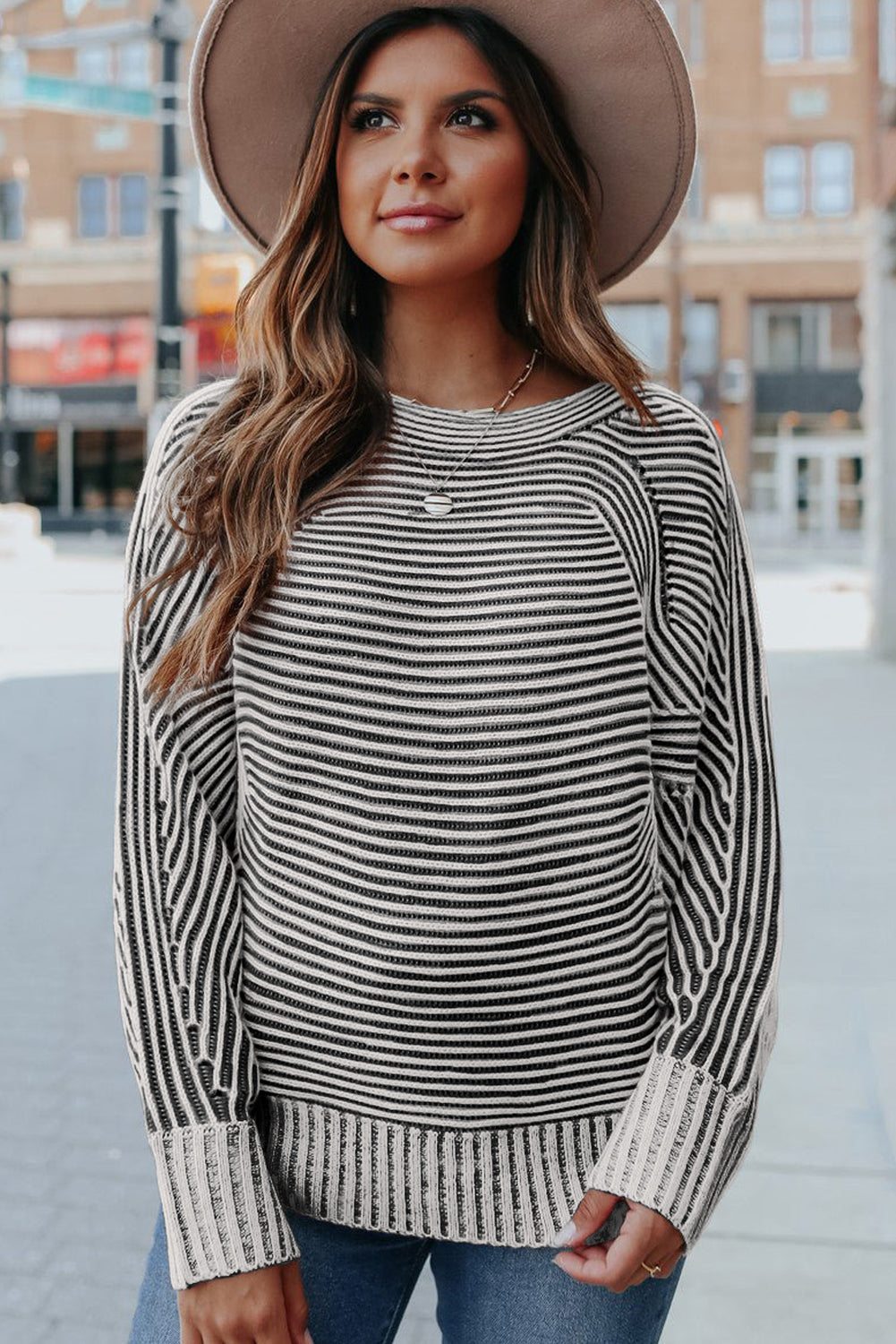 Striped Print Ribbed Knit Raglan Sleeve Baggy Sweater
