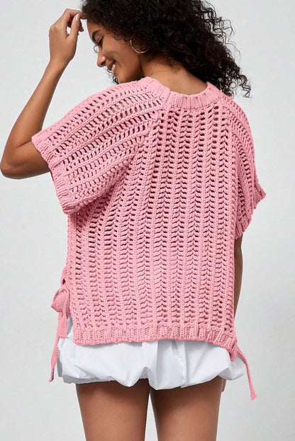 Open Knit Bow Tie Short Sleeve Sweater