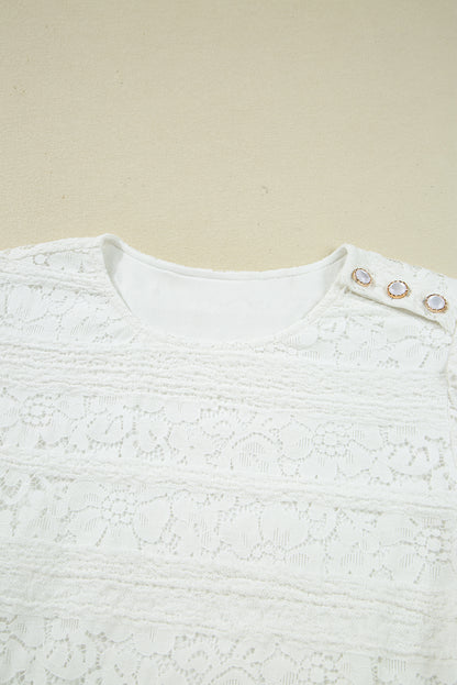 White Lace Floral Round Neck Puff Sleeve Shift Mini Dress