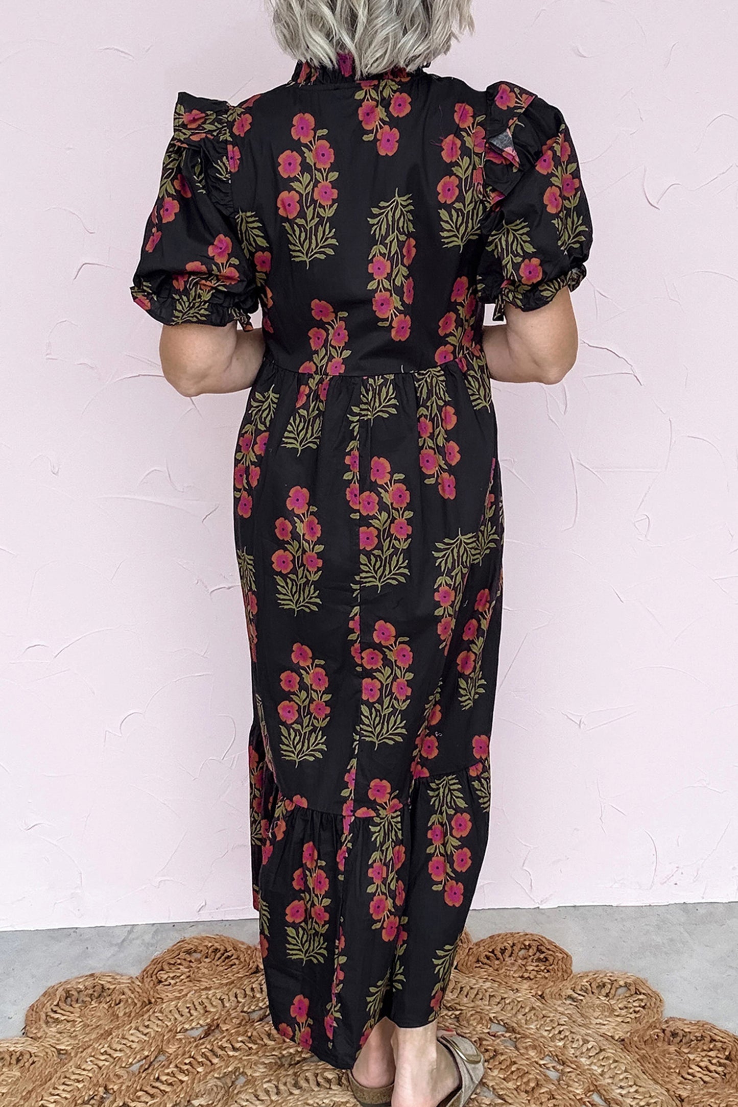 Floral Short Bubble Sleeve Tiered Maxi Dress