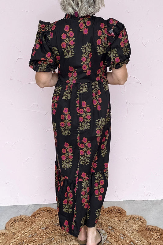 Floral Short Bubble Sleeve Tiered Maxi Dress