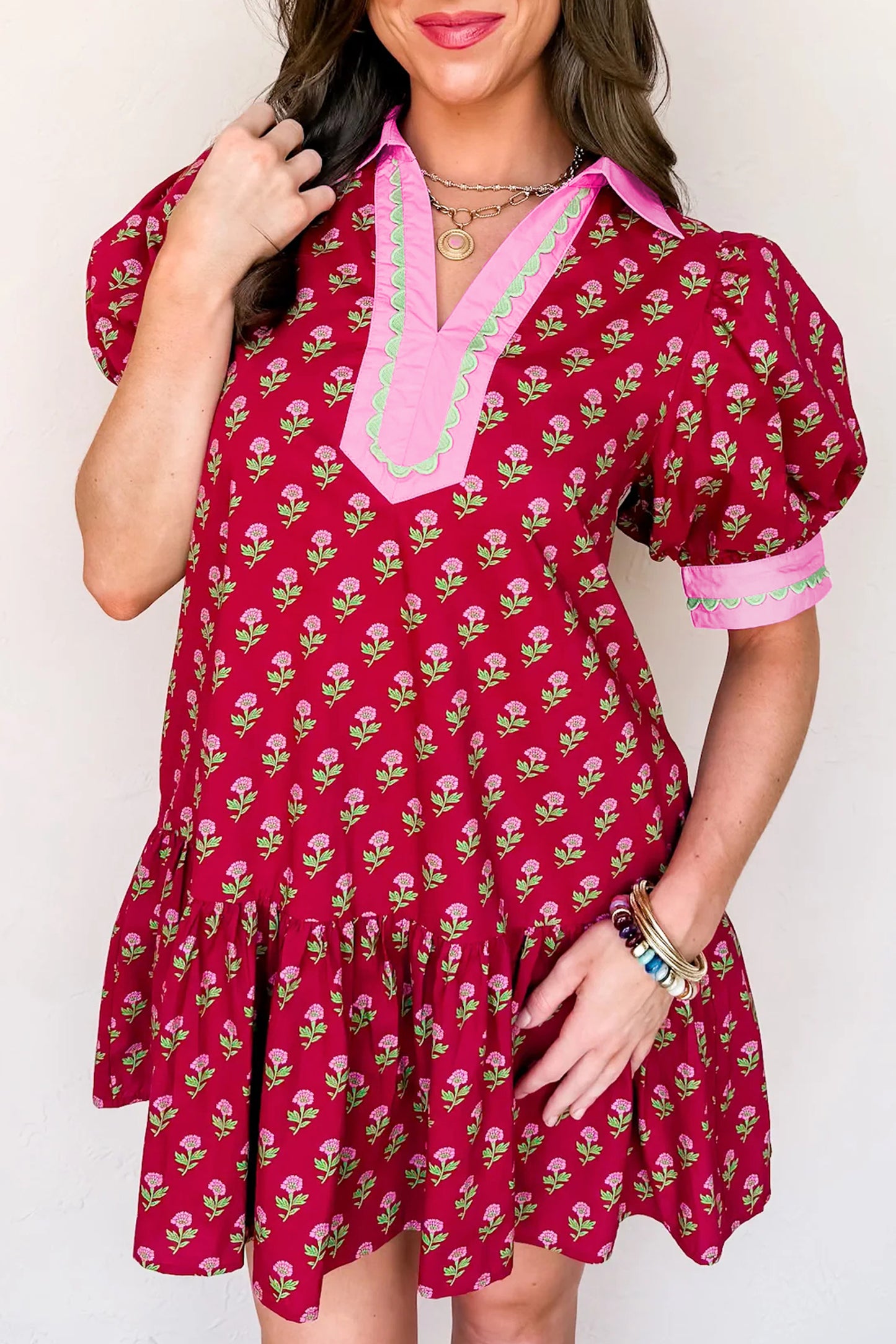 Red Floral Print Contrasted V Neck Short Bubble Sleeve Mini Dress