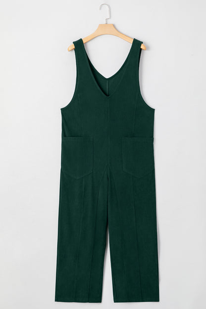Evergreen Corduroy V Neck Patched Pocket Sleeveless Jumpsuit