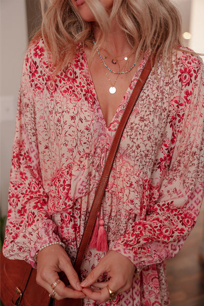 Pink Boho Floral Print Tassel Tie Long Sleeve Flowy Mini Dress