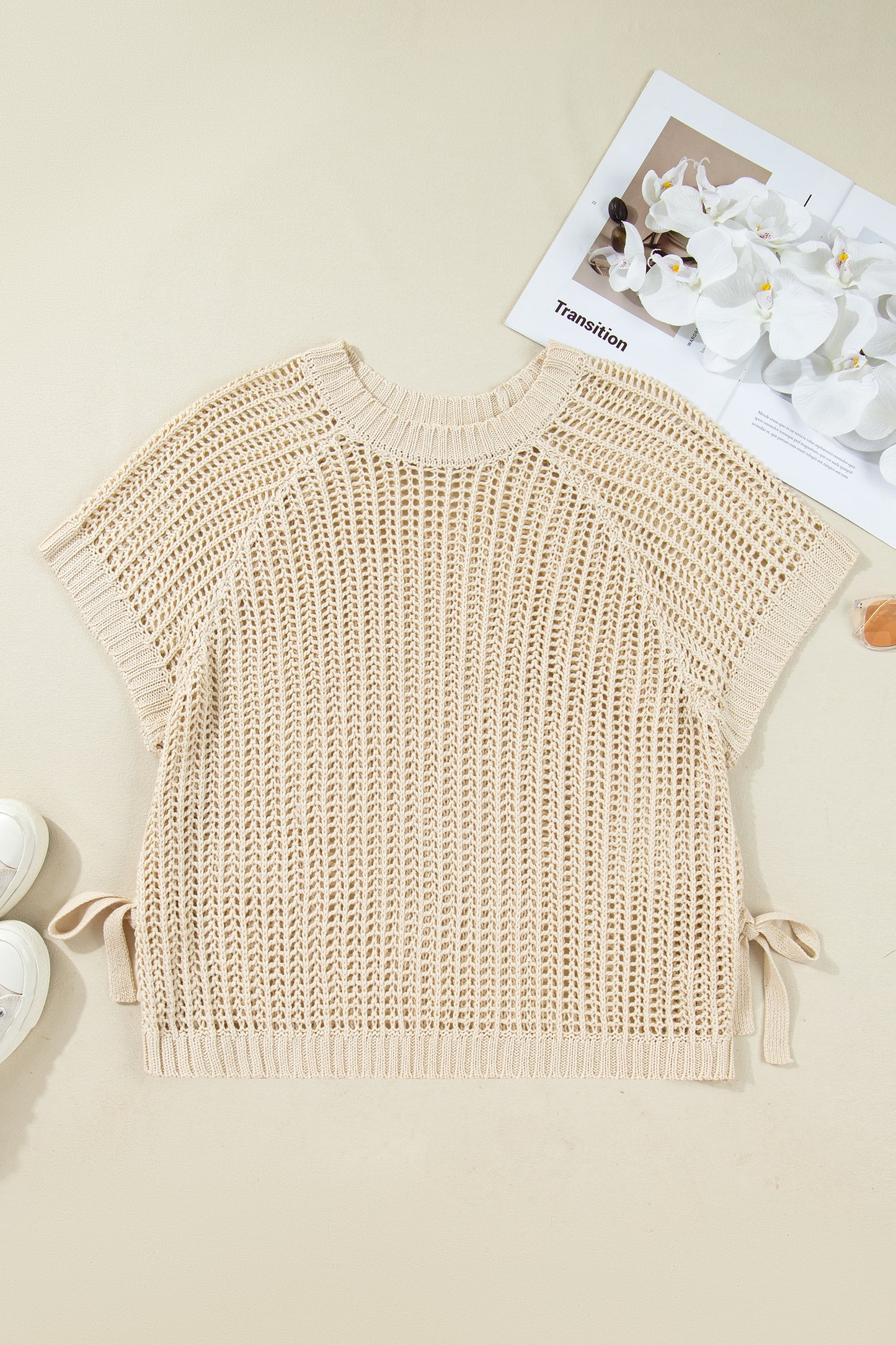 Open Knit Bow Tie Short Sleeve Sweater